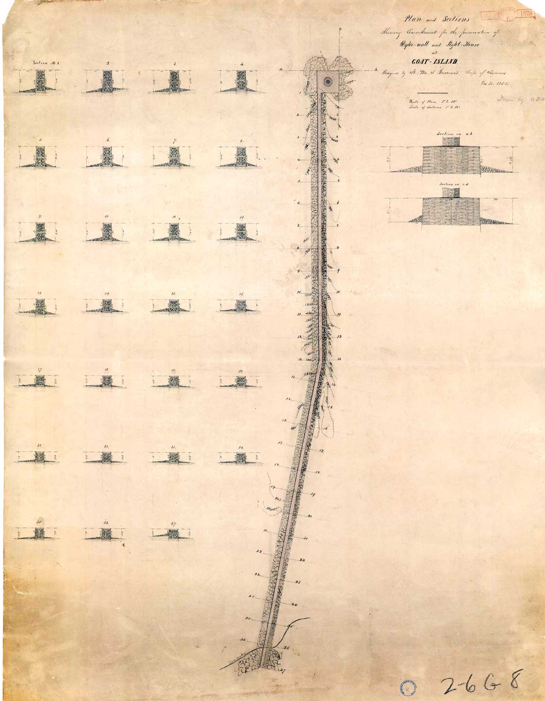  1852 Plan and Sections Showing Enrockment Dyke Wall and Lighthouse at Goat Island